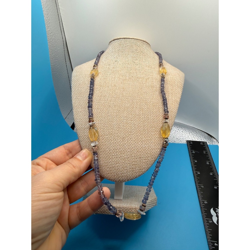 Natural Iolite and Citrine Beaded‎ Necklace Purple Yellow Gemstone 18-20 Inch